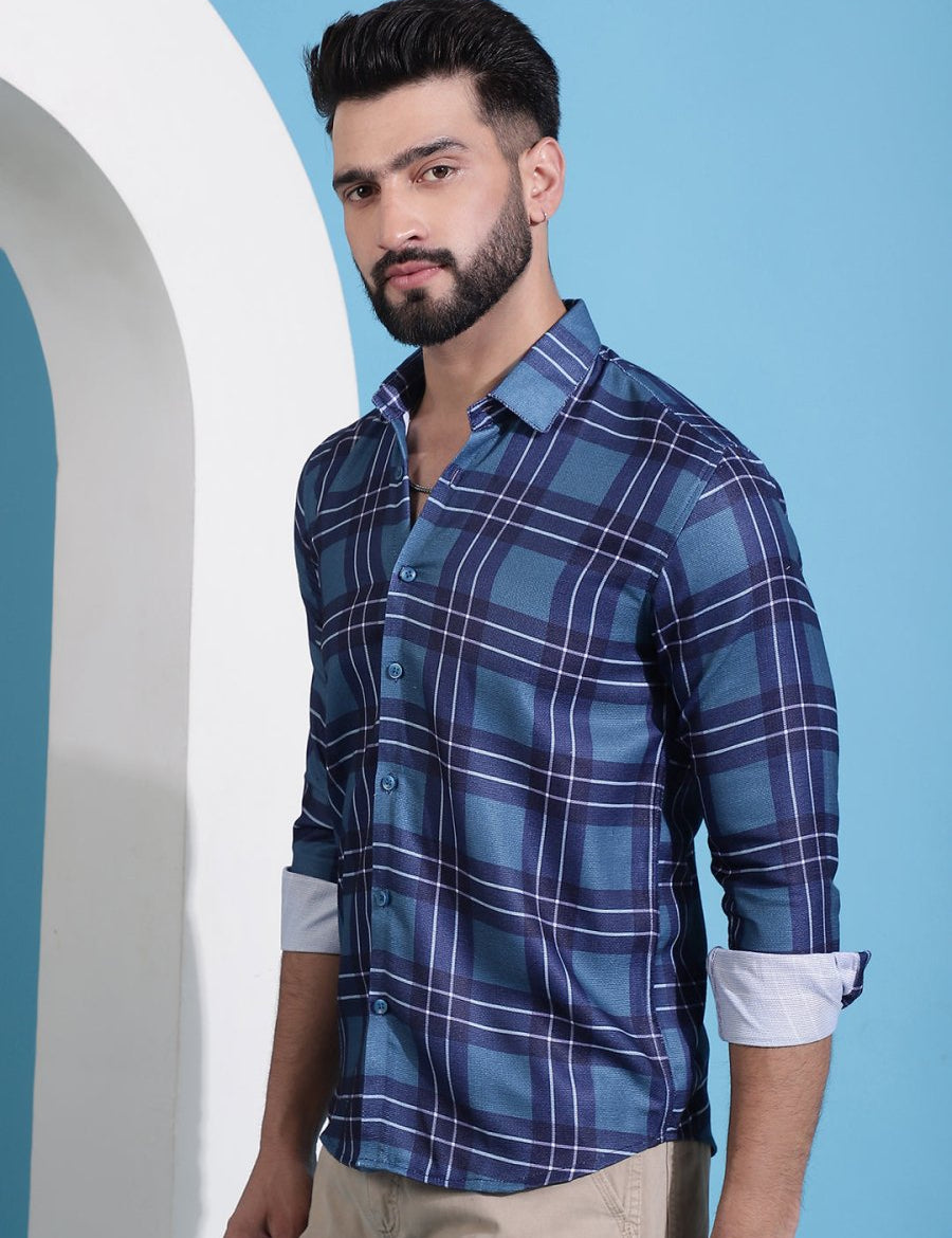Blue Checked Cotton Casual Shirt for Men - SF_942Blue_S