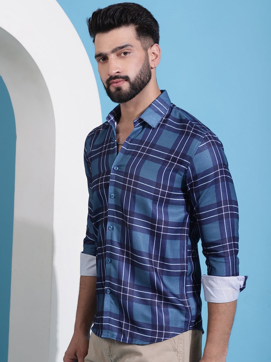 Blue Checked Cotton Casual Shirt for Men - SF_942Blue_S