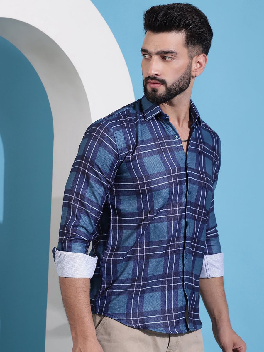 Blue Checked Cotton Casual Shirt for Men - SF_942Blue_S