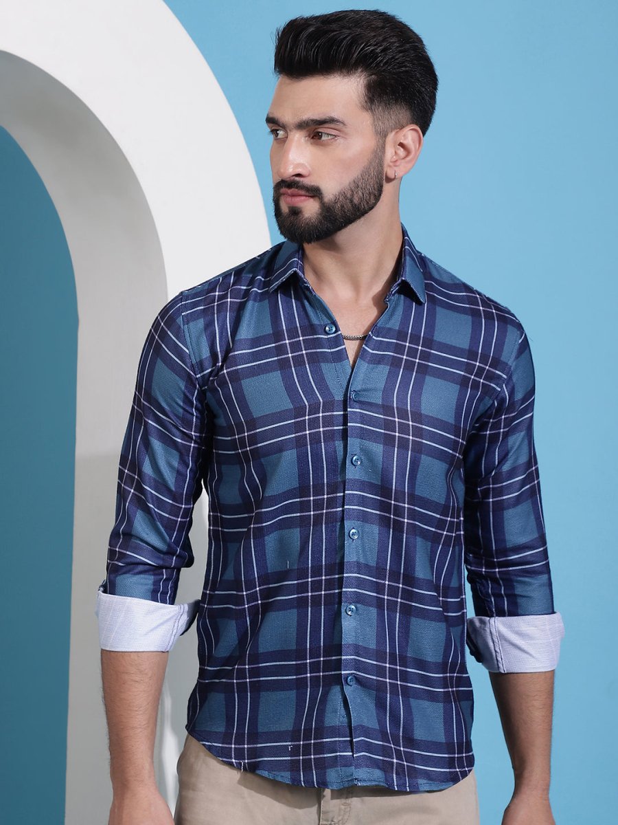 Blue Checked Cotton Casual Shirt for Men - SF_942Blue_S