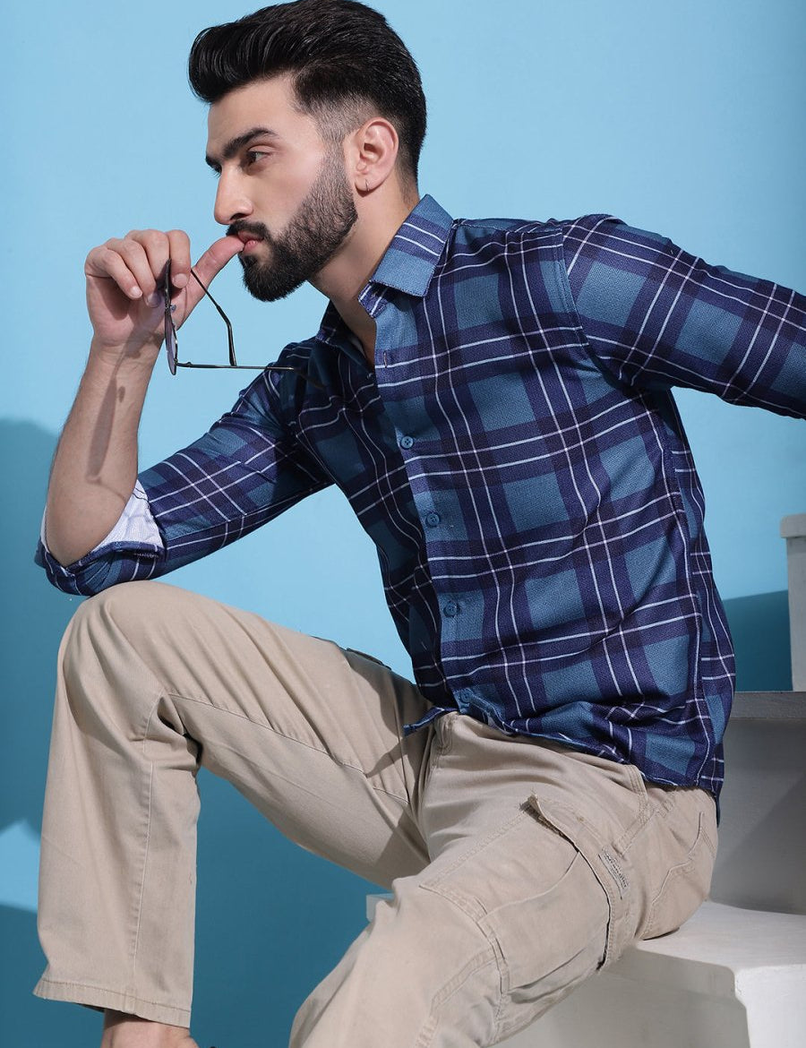 Blue Checked Cotton Casual Shirt for Men - SF_942Blue_S