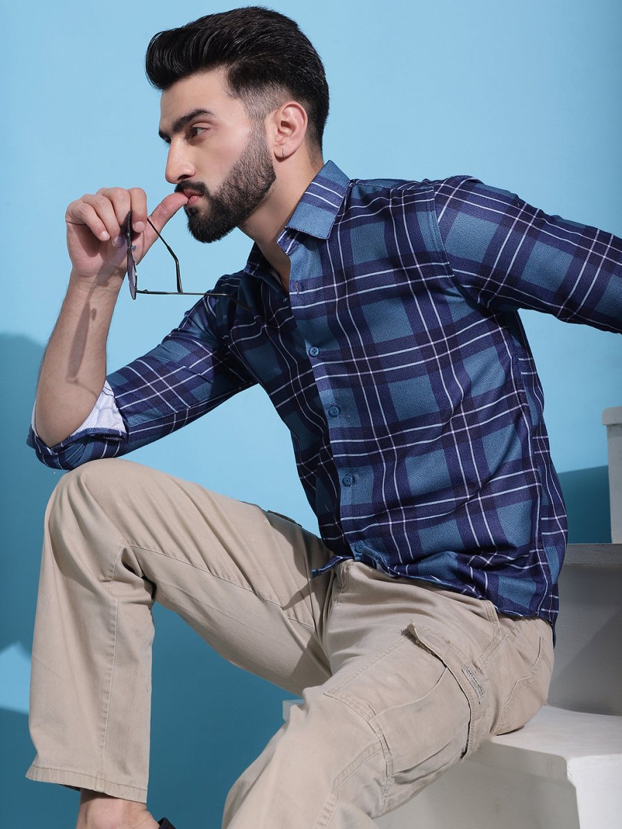 Blue Checked Cotton Casual Shirt for Men - SF_942Blue_S