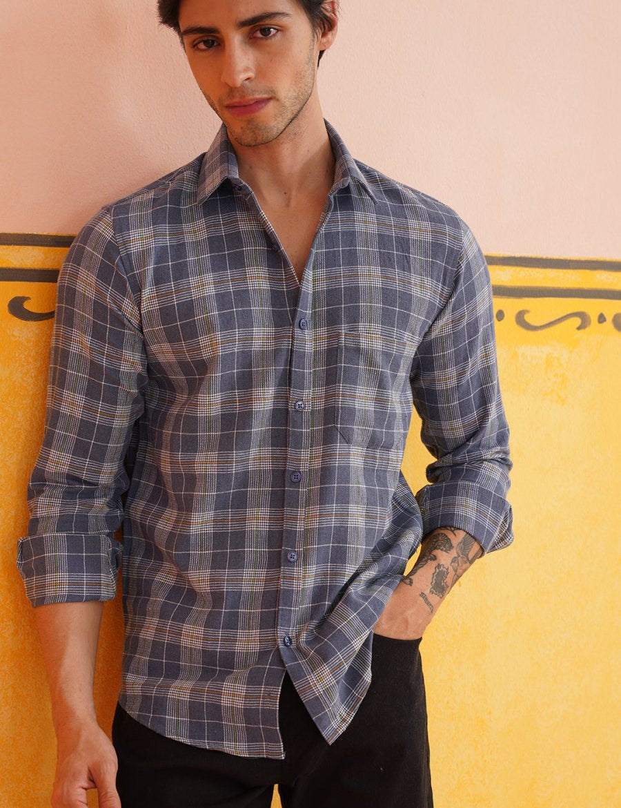 Blue Checked Cotton Shirt for Men - SF_9017Blue_S
