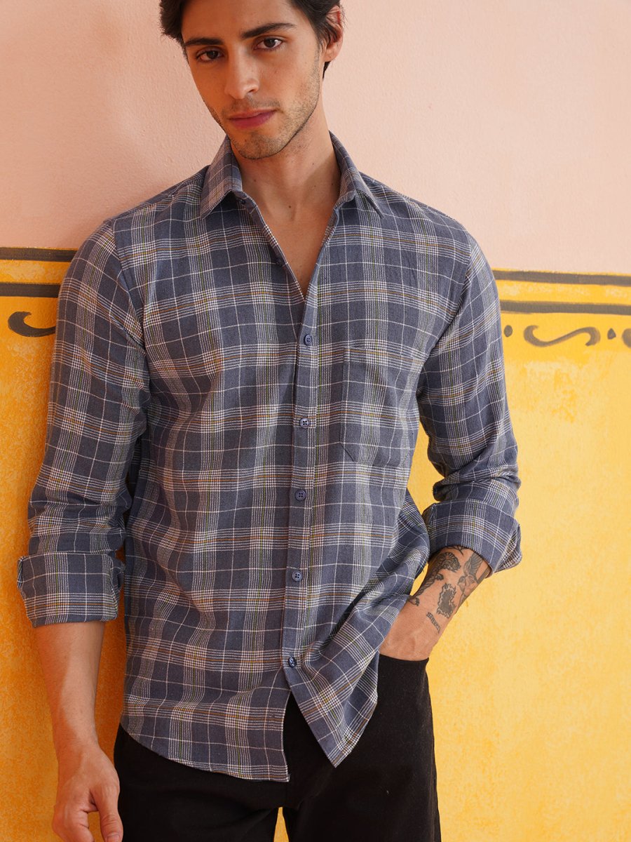 Blue Checked Cotton Shirt for Men - SF_9017Blue_S
