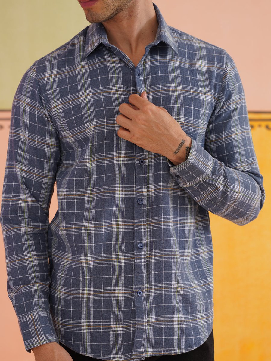 Blue Checked Cotton Shirt for Men - SF_9017Blue_S
