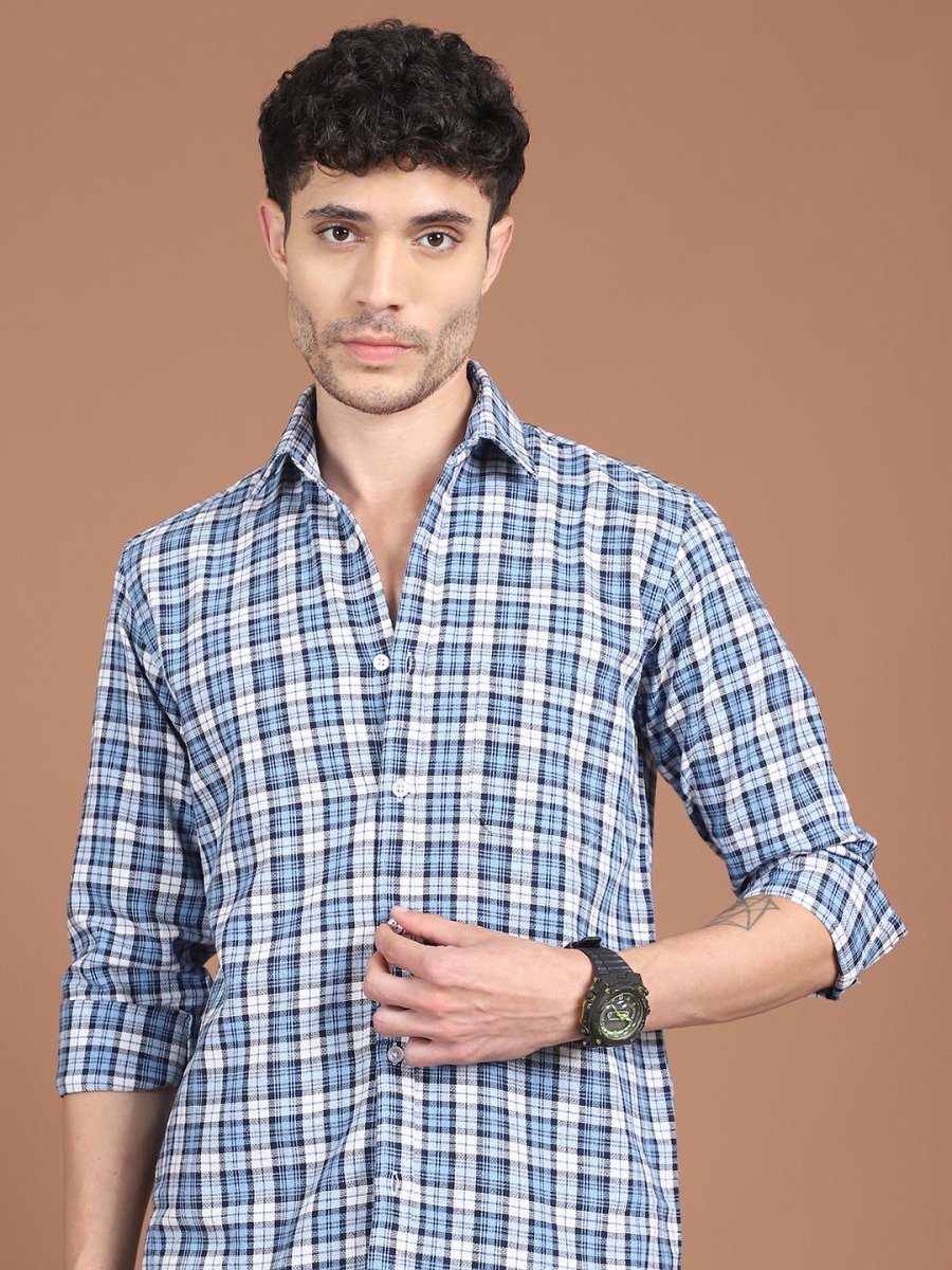Blue Checked Cotton Shirt for Men - SF_9033Blue_S