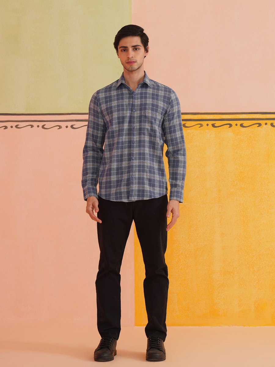 Blue Checked Cotton Shirt for Men - SF_9017Blue_S