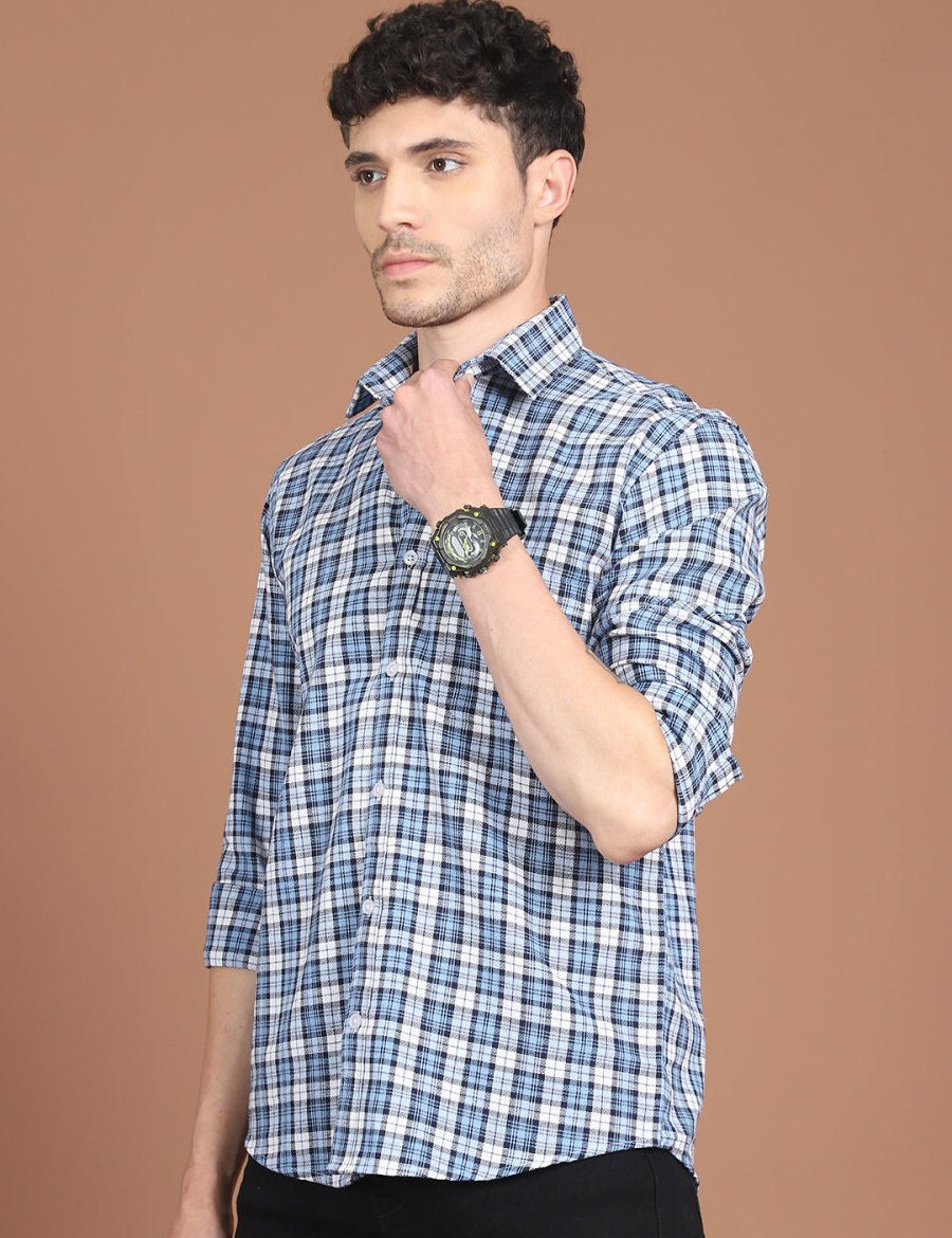 Blue Checked Cotton Shirt for Men - SF_9033Blue_S