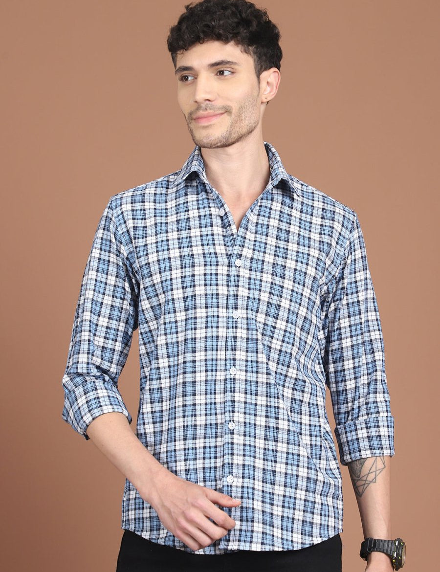 Blue Checked Cotton Shirt for Men - SF_9033Blue_S
