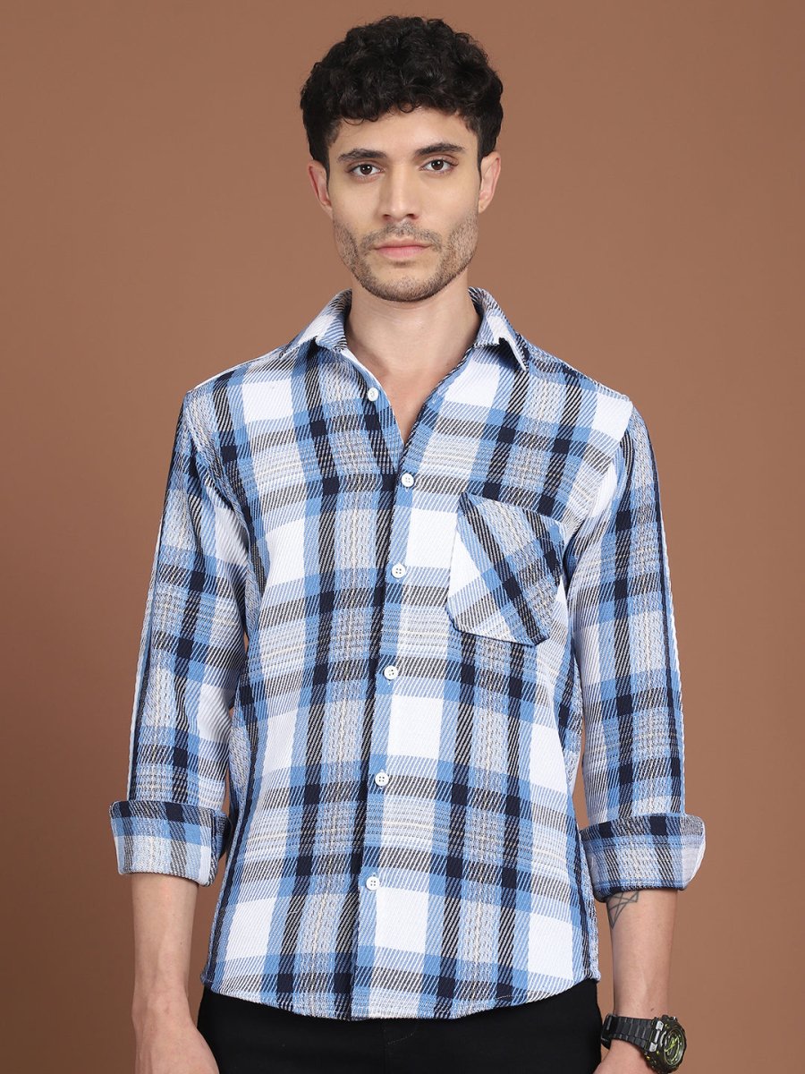 Blue Checked Cotton Shirt for Men - SF_9032Blue_S