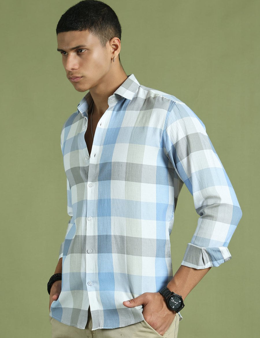 Blue Checked Cotton Shirt for Men - SF_877Blue_S
