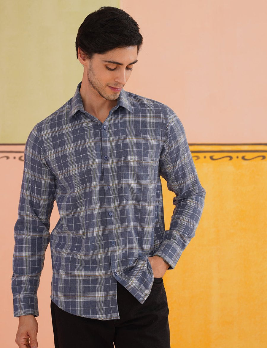 Blue Checked Cotton Shirt for Men - SF_9017Blue_S