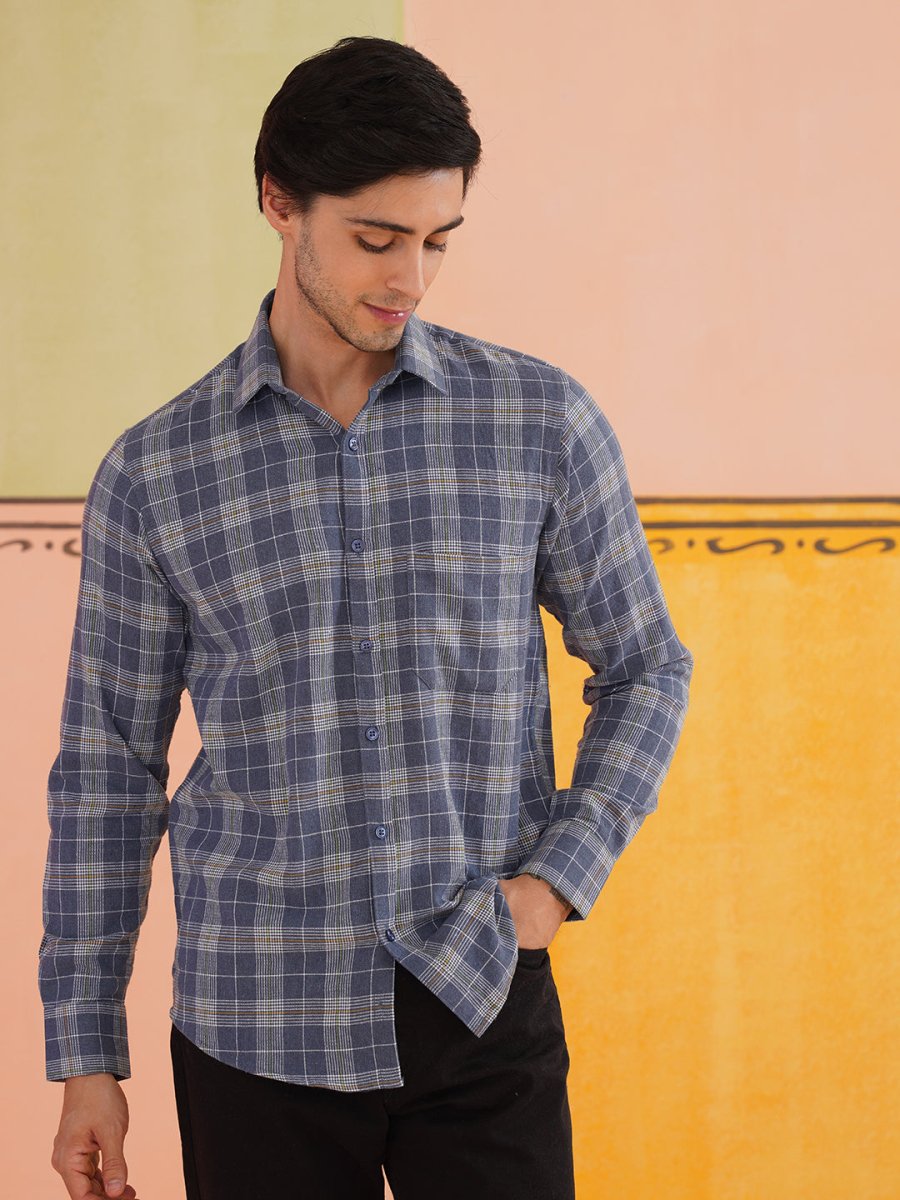 Blue Checked Cotton Shirt for Men - SF_9017Blue_S