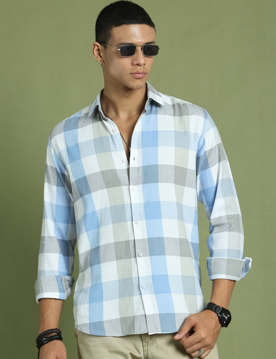 Blue Checked Cotton Shirt for Men - SF_877Blue_S