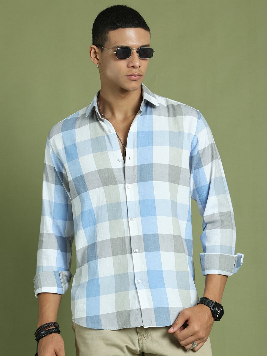 Blue Checked Cotton Shirt for Men - SF_877Blue_S