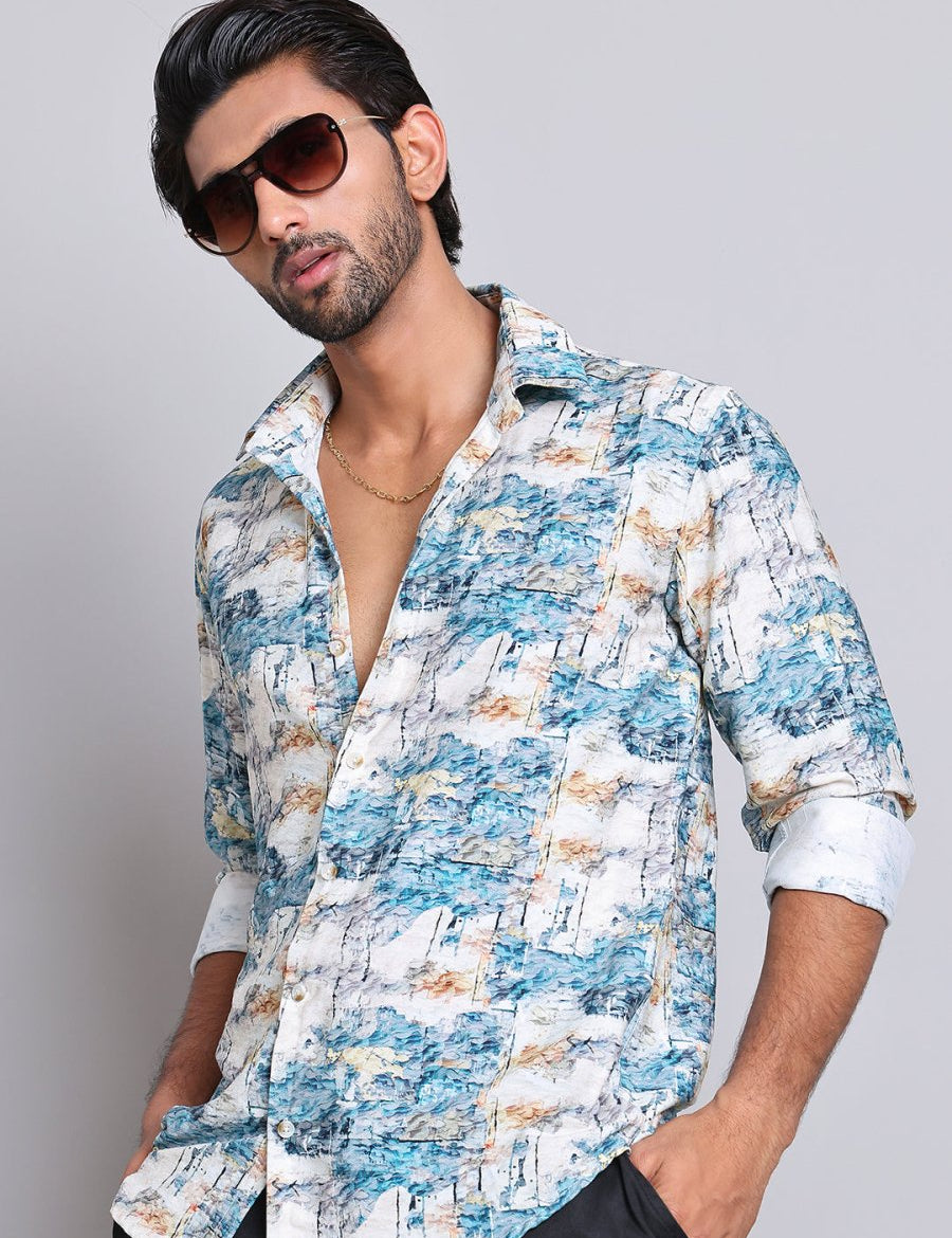 Blue Printed Party Shirt for Men - SF_9021Blue_S
