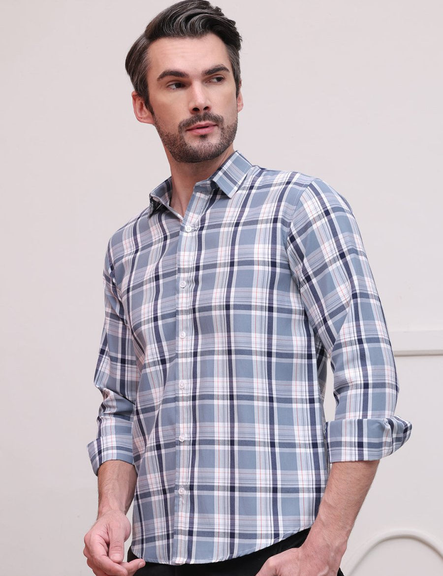 Blue Regular Fit Checks Formal Shirts for Men - SF_9007Blue_S