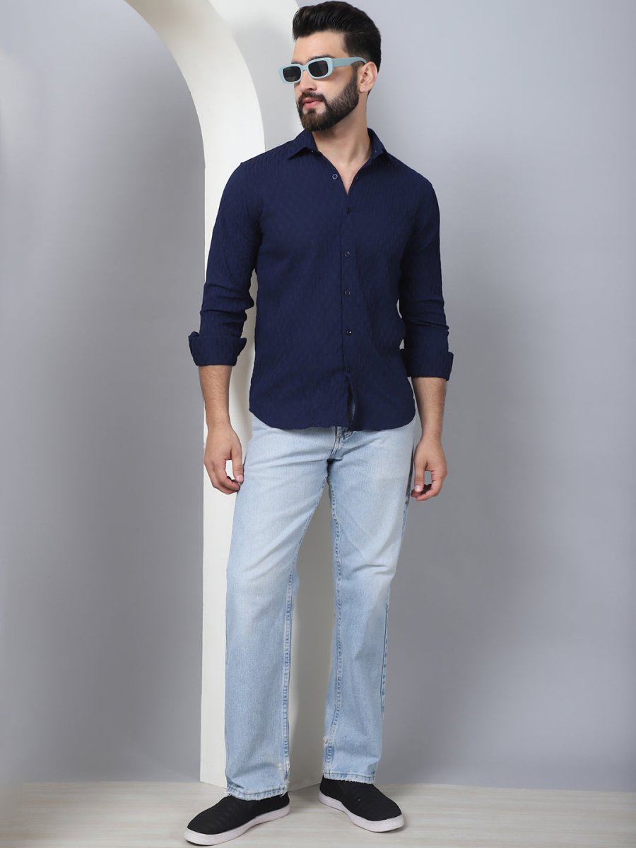 Blue Self Design Cotton Formal Shirt for Men - SF_928Navy_S