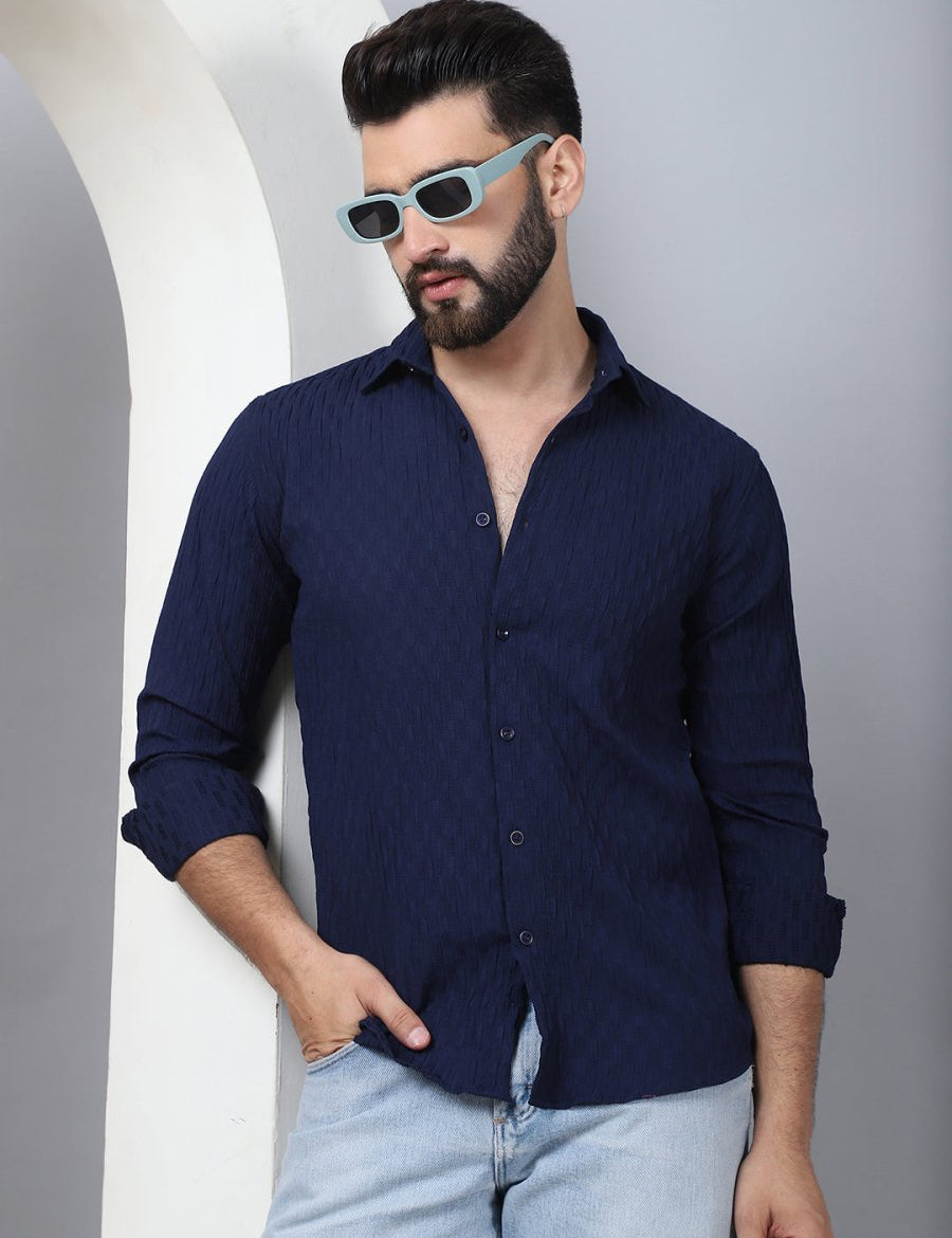 Blue Self Design Cotton Formal Shirt for Men - SF_928Navy_S