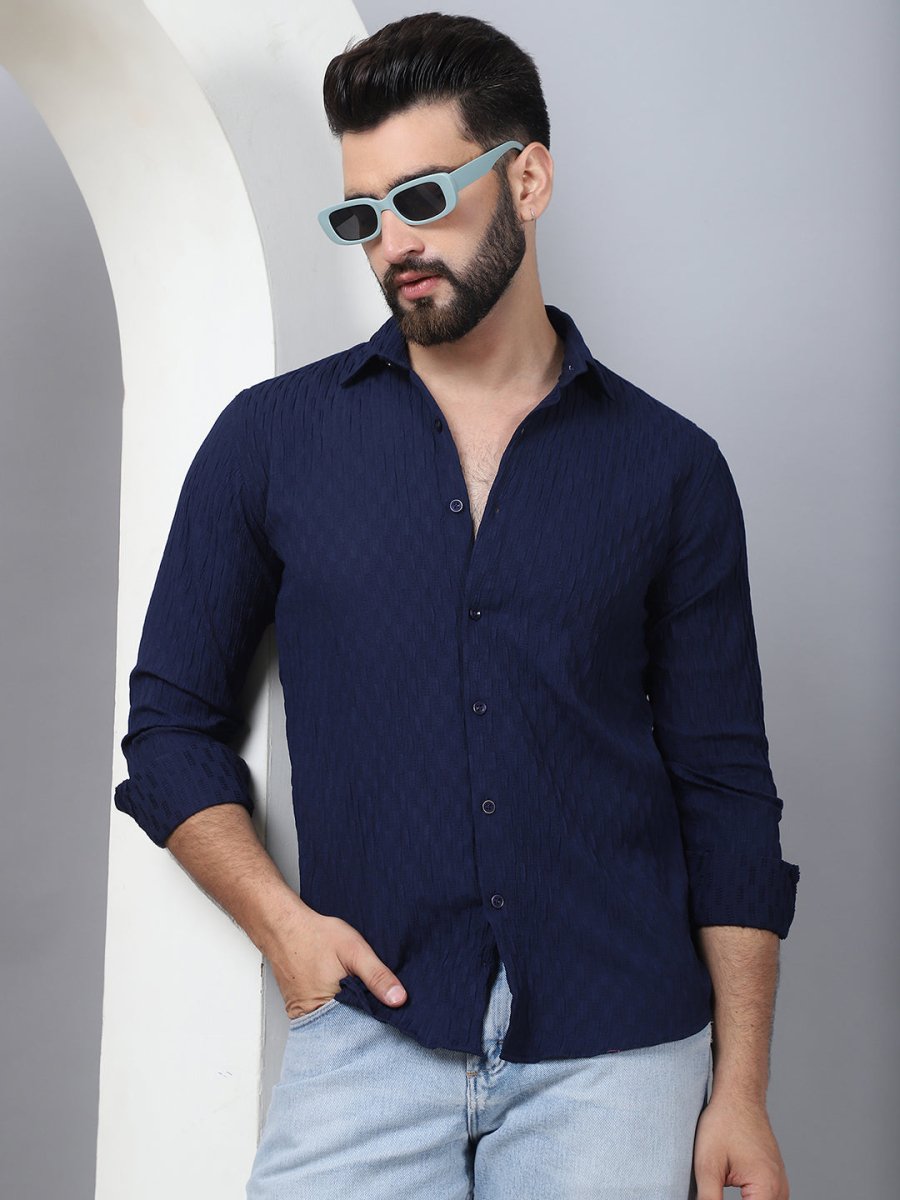 Blue Self Design Cotton Formal Shirt for Men - SF_928Navy_S