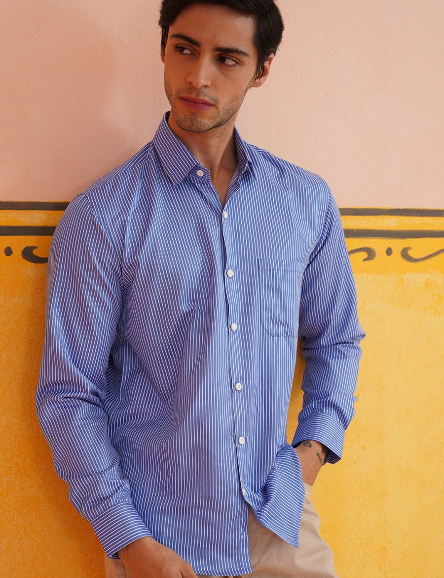 Blue Solid Cotton Shirt for Men - SF_737Blue_S