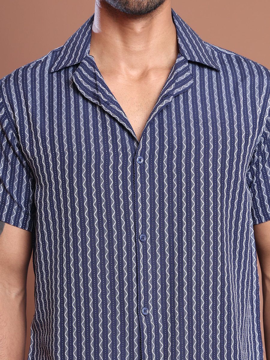 Blue Striped Half Sleeve Shirt for Men - SF_9037Blue_S