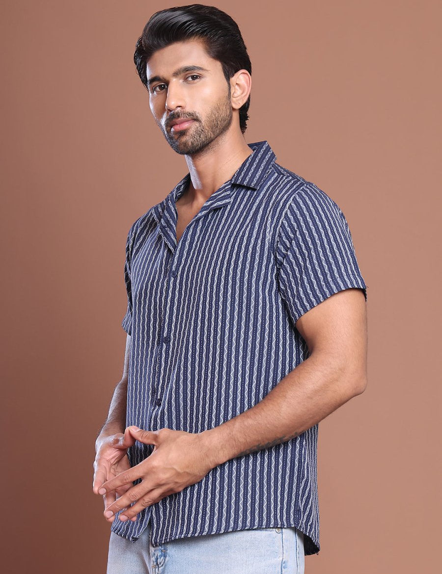 Blue Striped Half Sleeve Shirt for Men - SF_9037Blue_S