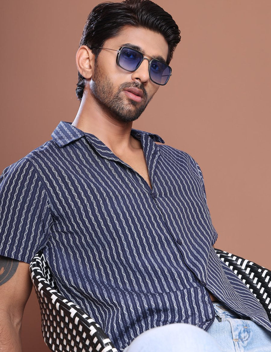 Blue Striped Half Sleeve Shirt for Men - SF_9037Blue_S