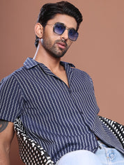 Blue Striped Half Sleeve Shirt for Men - SF_9037Blue_S