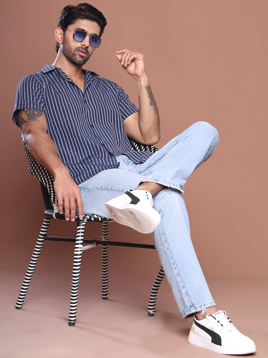 Blue Striped Half Sleeve Shirt for Men - SF_9037Blue_S