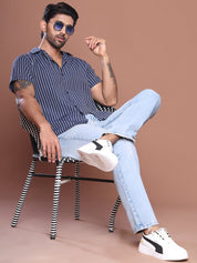 Blue Striped Half Sleeve Shirt for Men - SF_9037Blue_S