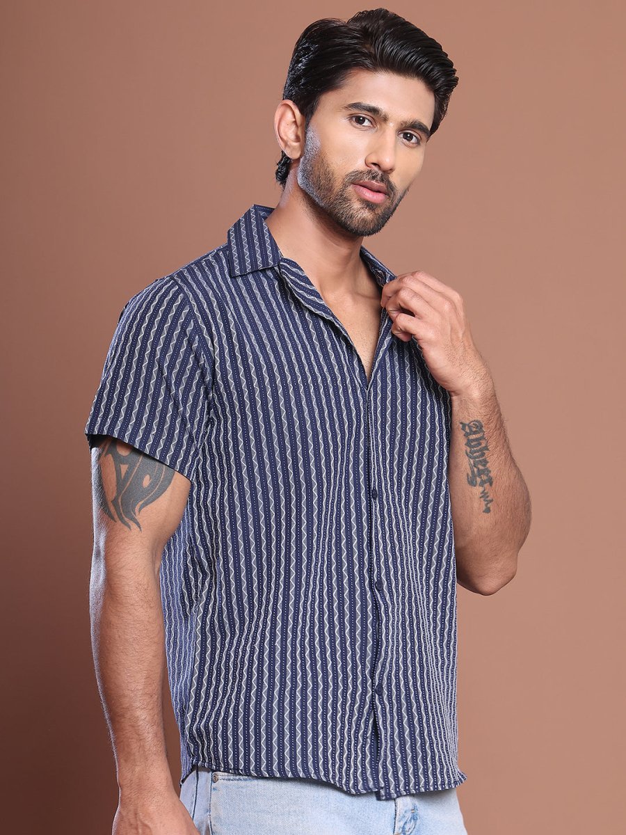 Blue Striped Half Sleeve Shirt for Men - SF_9037Blue_S