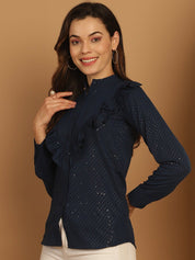 Blue Woven Design Frill Top - JNT_2025Blue_XS