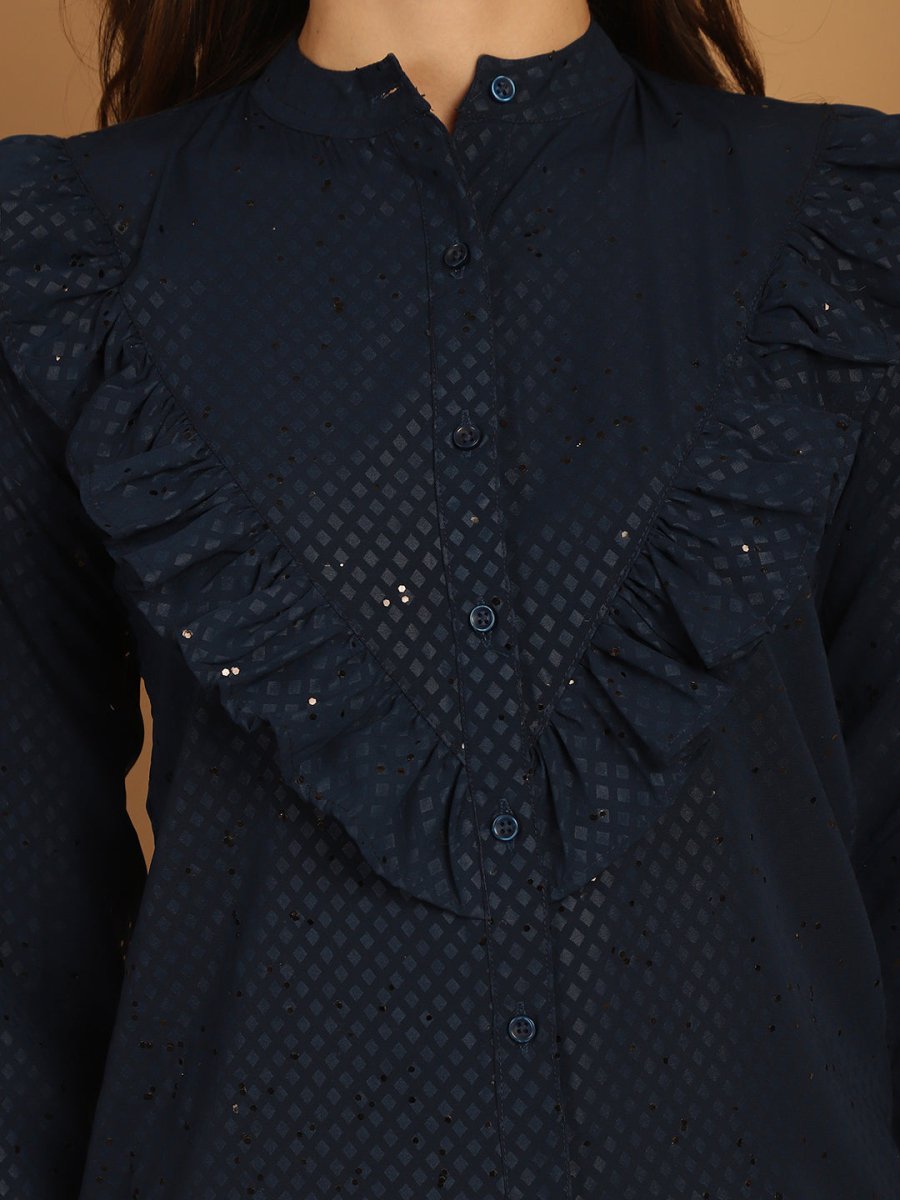 Blue Woven Design Frill Top - JNT_2025Blue_XS