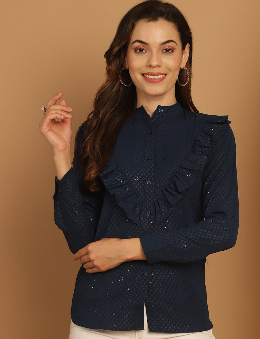Blue Woven Design Frill Top - JNT_2025Blue_XS