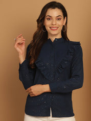 Blue Woven Design Frill Top - JNT_2025Blue_XS