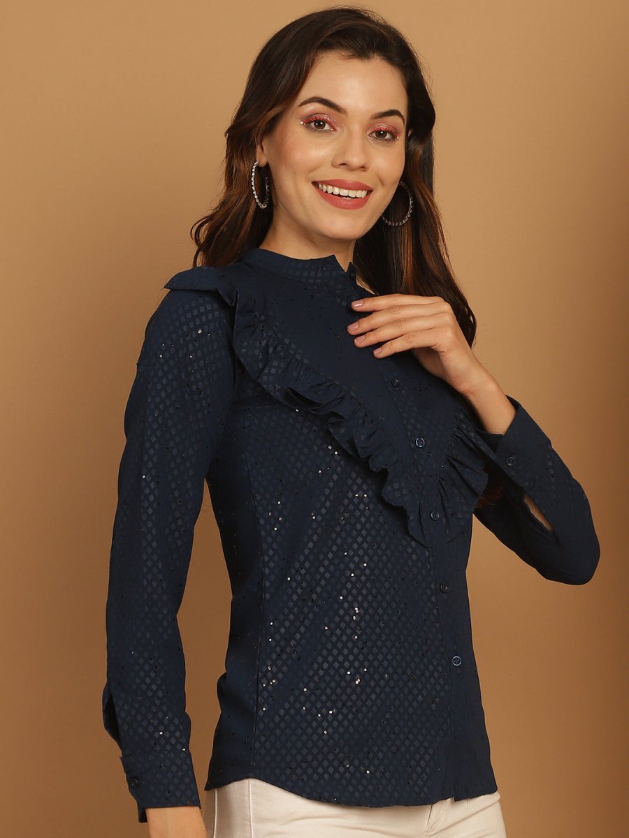 Blue Woven Design Frill Top - JNT_2025Blue_XS