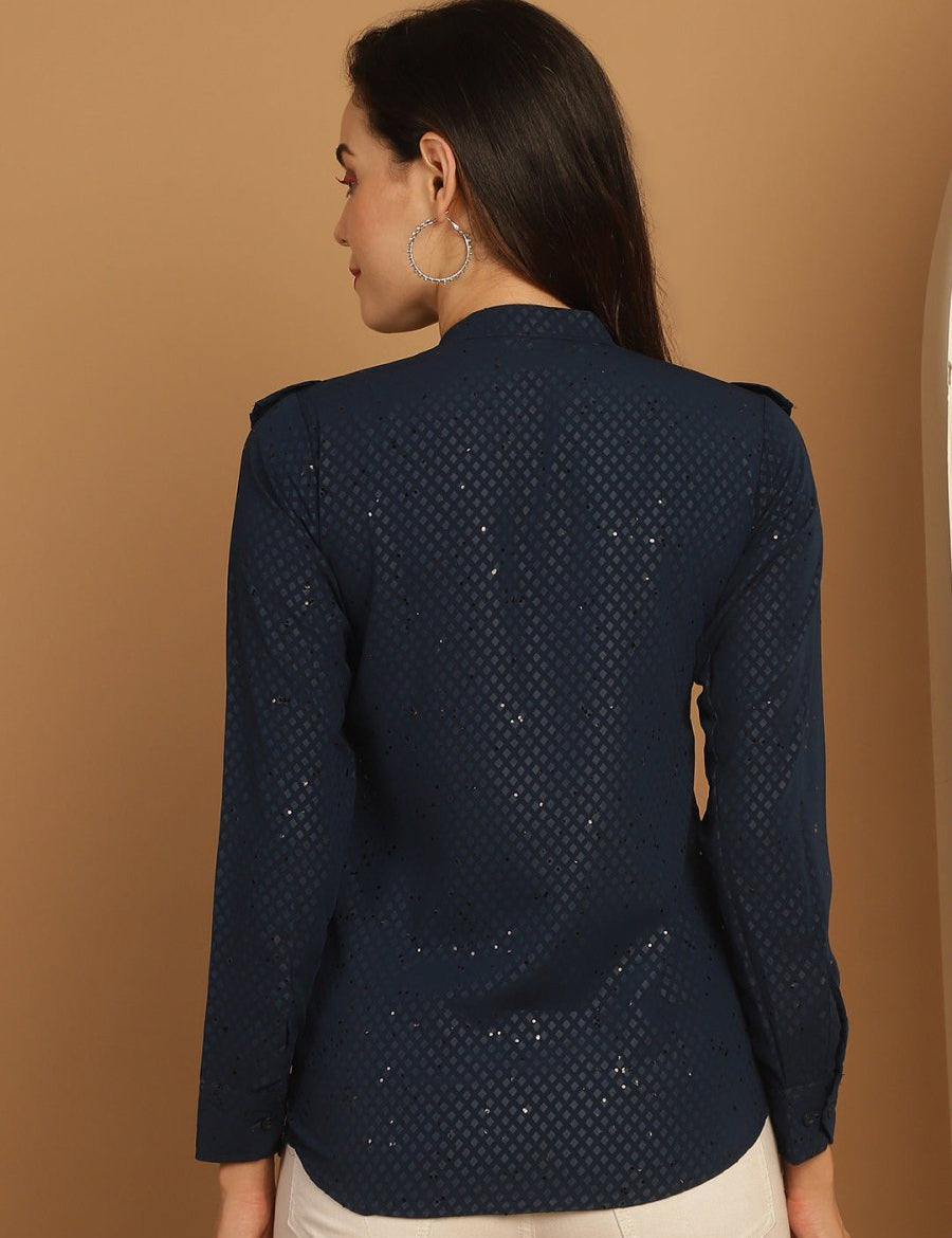Blue Woven Design Frill Top - JNT_2025Blue_XS