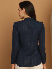 Blue Woven Design Frill Top - JNT_2025Blue_XS