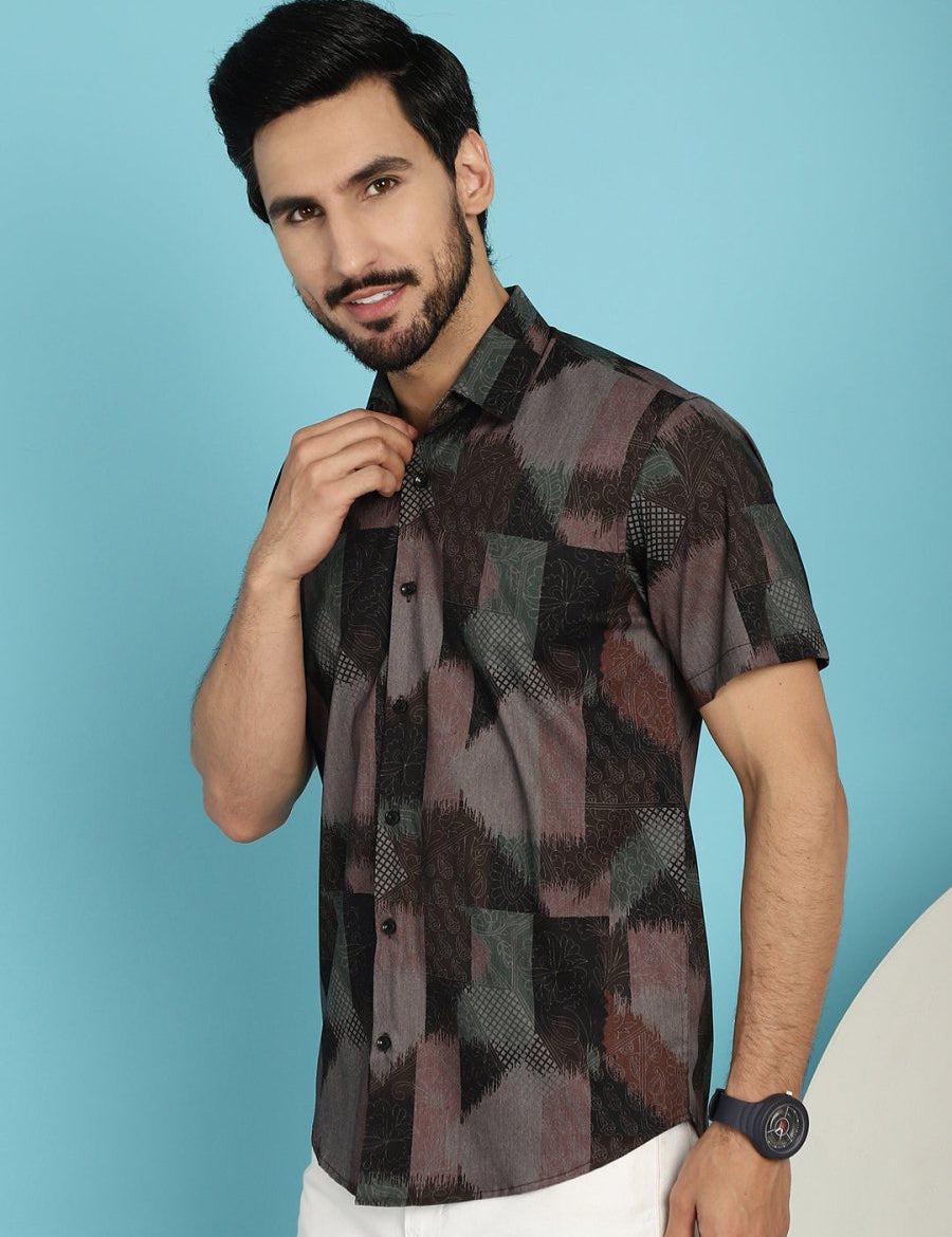 Brown Printed Party Shirt for Men - SF_914Brown_S