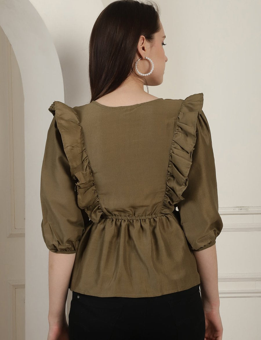 Brown Solid Women's Top With Frills - JNT_2024Brown_XS