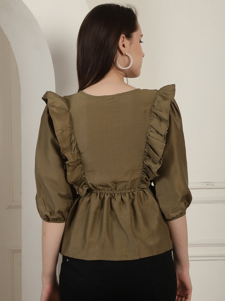 Brown Solid Women's Top With Frills - JNT_2024Brown_XS