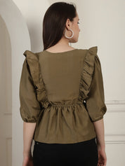 Brown Solid Women's Top With Frills - JNT_2024Brown_XS