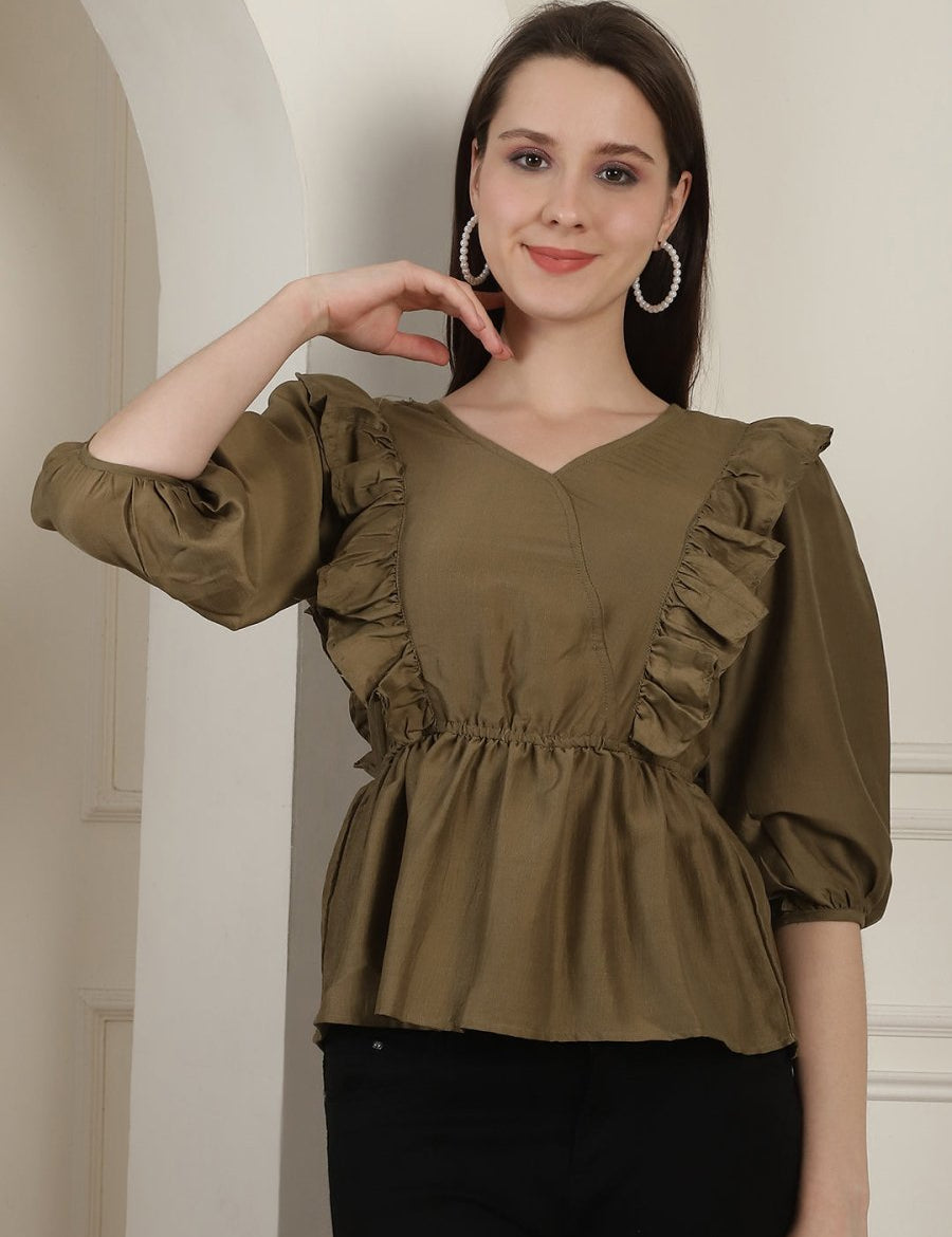 Brown Solid Women's Top With Frills - JNT_2024Brown_XS
