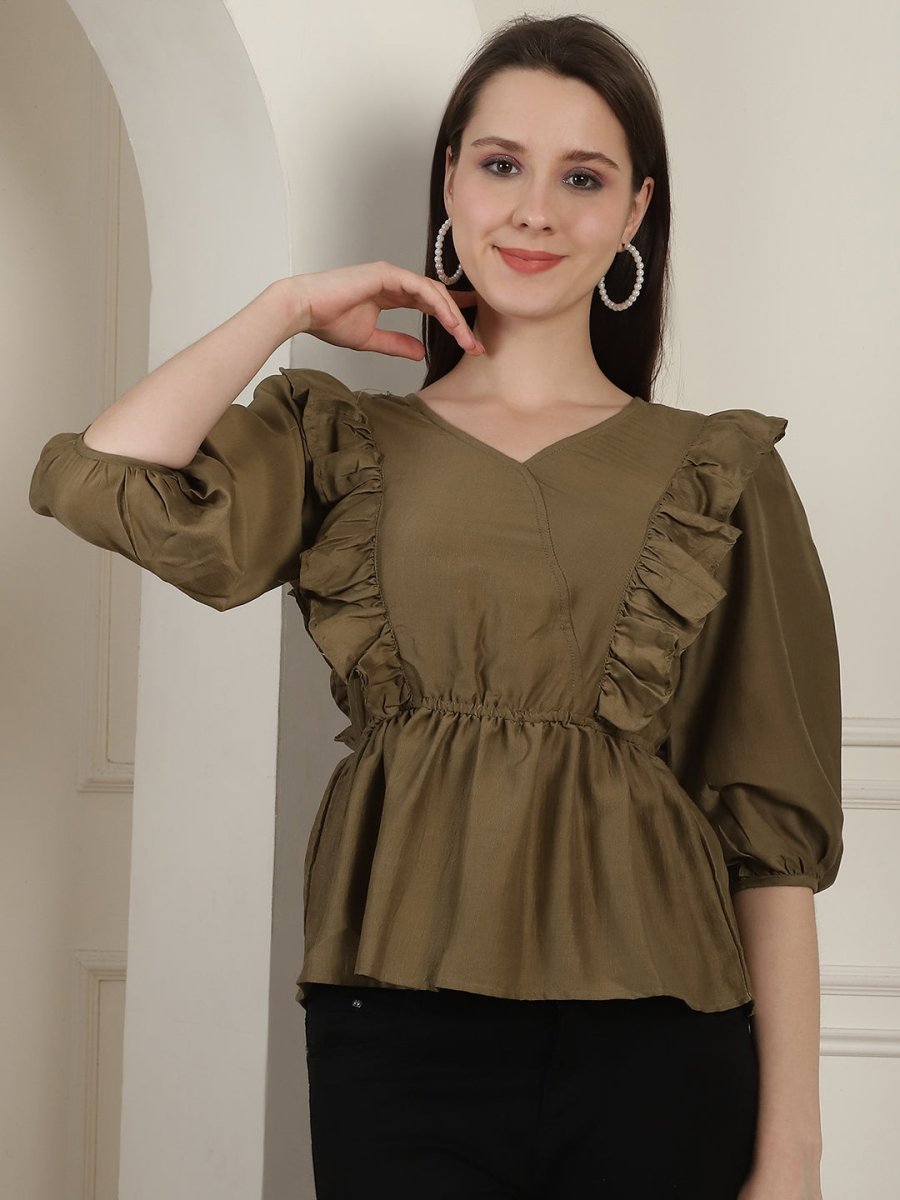 Brown Solid Women's Top With Frills - JNT_2024Brown_XS