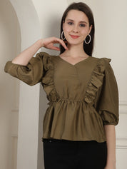 Brown Solid Women's Top With Frills - JNT_2024Brown_XS