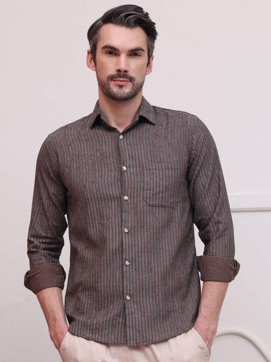 Brown Striped Party Shirt for Men - SF_9006Brown_S