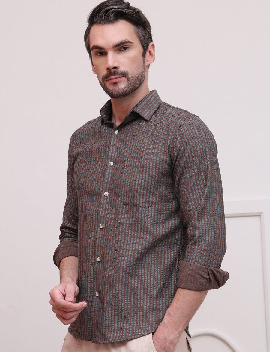 Brown Striped Party Shirt for Men - SF_9006Brown_S