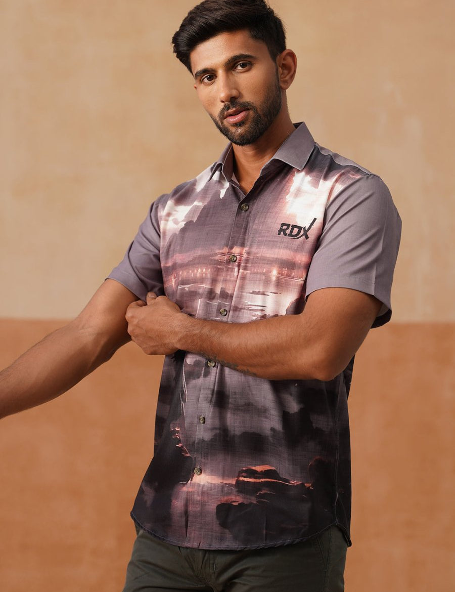 Casual Cotton Blend Shirt with Artistic Print - SF_9054Grey_S