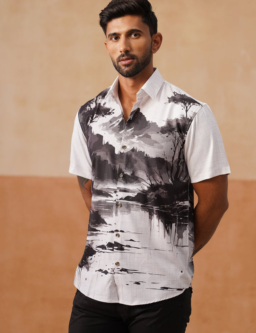 Casual Cotton Blend Shirt with Artistic Print - SF_9054Black_S